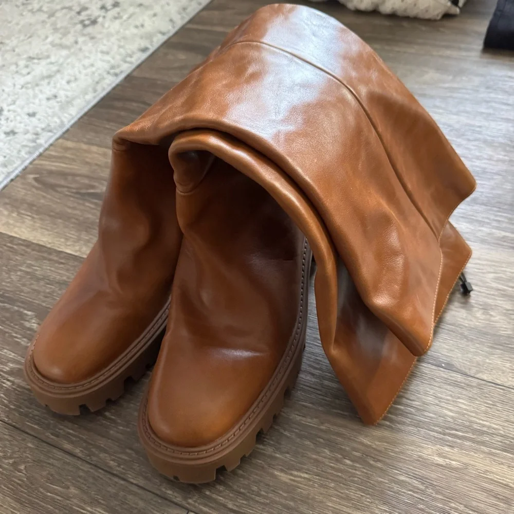 ZARA Flat Knee Brown Tall Leather Boots - Picture 15 of 16